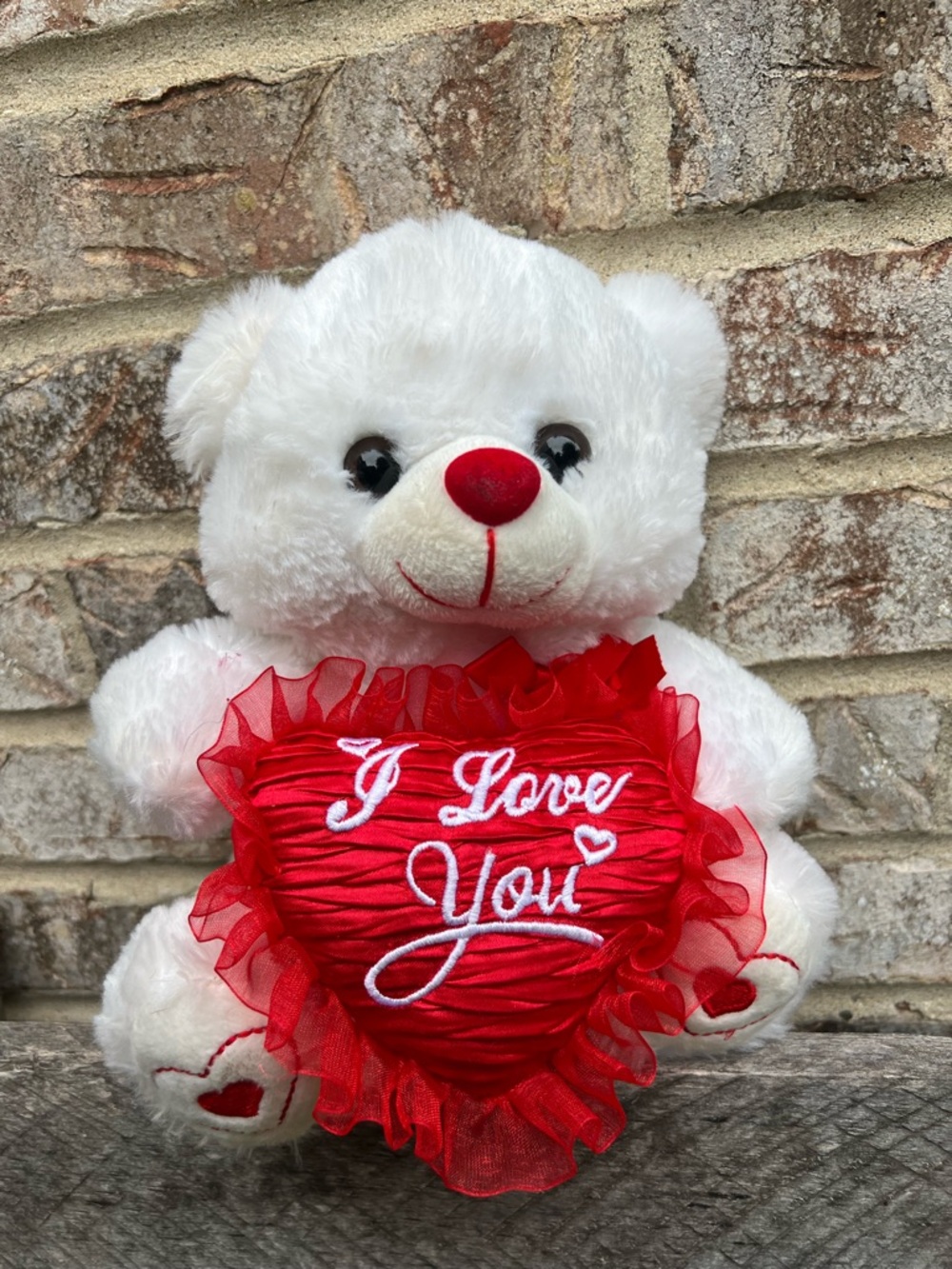 White Teddy Bear with Red 'I Love You' Heart Pillow
